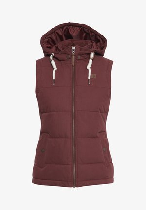 Burgundy színű ujjatlan pufi mellény kapucnival, elöl cipzárral, két oldalsó zsebbel és húzózsinórral a kapucnin.