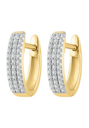 Boucles d'oreilles créoles en or avec trois rangées de petits cristaux clairs sur la surface avant, avec fermoirs à tige.