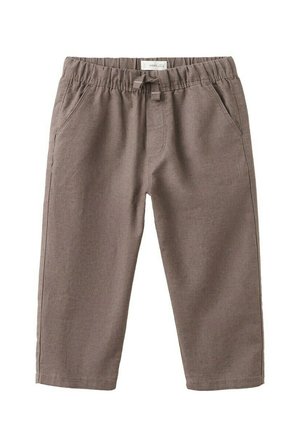 Hnedé nohavice pre batoľa s elastickým pásom, prednými vreckami a detailom z látky na strede prednej časti.