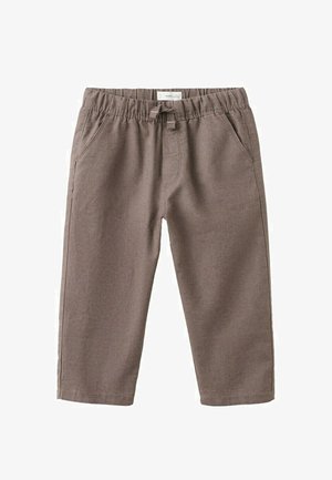 Braune Kleinkinderhose mit elastischem Bund, vorderen Taschen und einem Stoffbindeband in der vorderen Mitte.