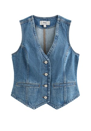 Gilet in denim blu senza maniche con scollo a V, quattro bottoni frontali e due tasche orizzontali a fessura, vestibilità sagomata.