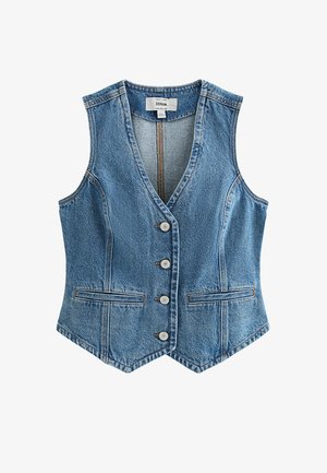 Chaleco vaquero azul sin mangas con cuello en V, cuatro botones delanteros y dos bolsillos horizontales con abertura, corte entallado.