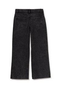 Pantalones de mezclilla anchos negros con bolsillos traseros cosidos y cinturilla. La tela tiene un aspecto ligeramente texturizado.