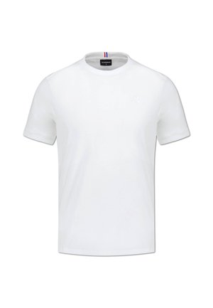 Bílý tričko s krátkým rukávem vyrobené z bavlny, s kulatým výstřihem a malým logem na hrudi. Obsahuje barevné akcenty na výstřihu.