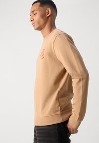 Beige long-sleeve sweatshirt with a crew neck, featuring a small red graphic on the chest, made from soft cotton material with a smooth texture.