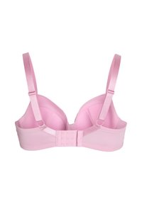 Pink padded bra with adjustable satin straps, a hook-and-eye closure at the back, and a smooth textured finish on the cups.