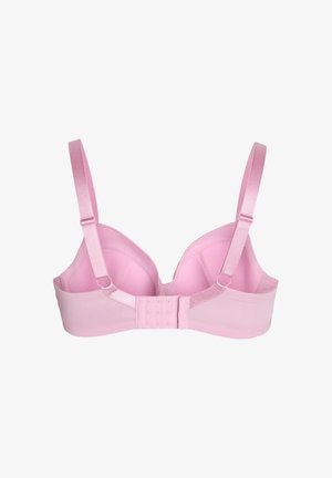 Roze gestikte beha met verstelbare satijnen schouderbanden, een haak-en-oogsluiting aan de achterkant en een gladde textuurafwerking op de cups.