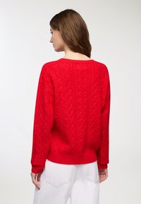 Czerwony sweter z dzianiny z wzorem w warkocze, z prążkowanymi mankietami i okrągłym dekoltem, wyeksponowany z tyłu z długimi rękawami.