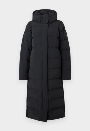 Black long puffer coat with a hood, featuring a quilted design, full-zip front, and side seams. Made from a smooth, water-resistant material.
