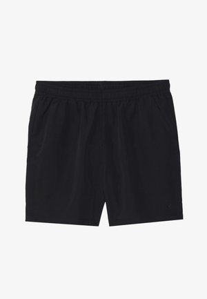 Mustat elastiset shortsit, joissa on sileä pinta, sivutaskut ja hillitty logo oikeassa alakulmassa. Yksinkertainen ja monikäyttöinen muotoilu.