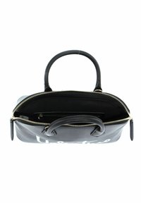 Sac à main en cuir noir avec fermeture éclair, deux poignées et des détails de couture. L'intérieur comprend un compartiment ouvert et une poche.