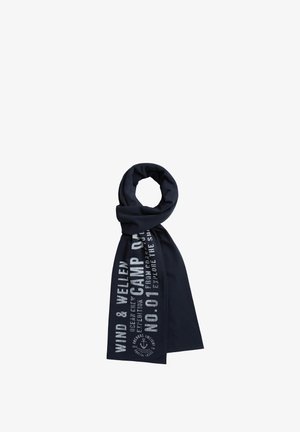 Dark blue scarf with white printed text reading "WIND & WELLEN CAMP O.N.E NO. 01" and nautical-themed graphic near bottom.