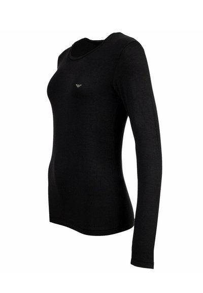 Chemise noire à manches longues en tissu doux. Dotée d'un décolleté arrondi et d'un petit logo sur la poitrine. Design ajusté avec des coutures minimales.