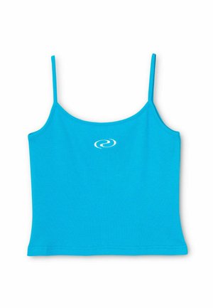 Tyrkysový žebrovaný crop top s tenkými ramínky, s malým spirálovým logem v bílé barvě na přední straně. Hladká textura, přiléhavý střih.