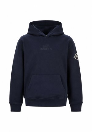Felpa con cappuccio blu navy con tasca frontale, "ROY ROGER'S" in rilievo sul petto e patch logo a forma di diamante sulla manica sinistra.