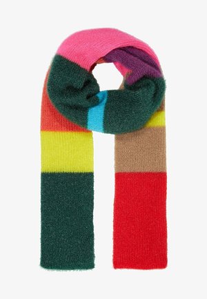 Longue écharpe tricotée avec de larges blocs de couleurs horizontales en rose, violet, vert, bleu, orange, jaune, marron et rouge, bouclée en haut.