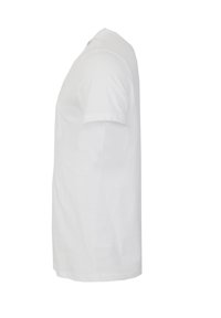 Hvid bomulds t-shirt, korte ærmer, rund hals, lige kant, enkelt design uden synlige mønstre eller accenter, glat tekstur.