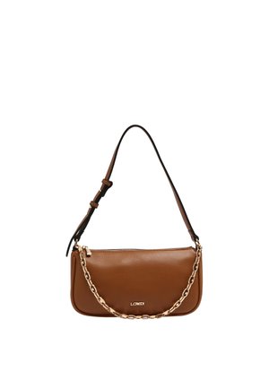 Sac bandoulière en cuir marron avec détail chaîne dorée et bandoulière réglable, doté d'une fermeture éclair et du logo "L.CREDI" sur le devant.