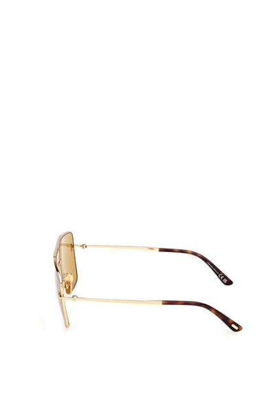 Guldfärgade solglasögon med rektangulär form, brunt tonade linser och skalbaggeskal-mönstrade skalmar. Har subtila detaljer i metall.
