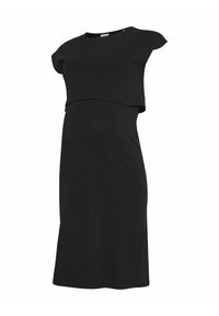 Robe de maternité noire avec de courtes manches à nul et un design fluide. Fabriquée en tissu doux, elle présente un devant drapé pour plus de confort.