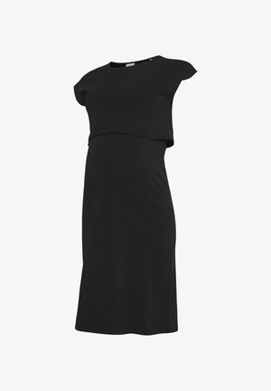 Zwarte zwangerschapsjurk met korte, capmouwen en een vloeiende uitstraling. Gemaakt van zachte stof, heeft het een gedrapeerde voorkant voor comfort.