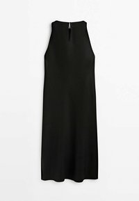 Schwarzes ärmelloses Kleid mit hohem Kragen, ausgestattet mit einem Ausschnitt im Rücken, aus glattem Stoff gefertigt. Bodenlang und im minimalistischen Design.