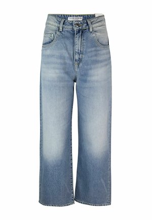 Jeans a gamba larga blu chiaro in denim, con una texture sbiadita, cinque tasche e vita alta con passanti per cintura.