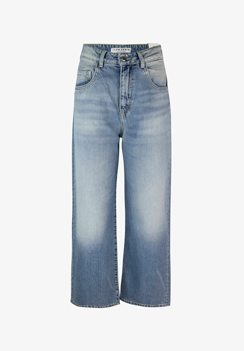 Jeans a gamba larga blu chiaro in denim, con una texture sbiadita, cinque tasche e vita alta con passanti per cintura.