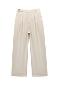 Beige wijde pantalon met voorplooien, een knoopsluiting en zijzakken. Gemaakt van een zachte, gladde stof met een getailleerde snit.