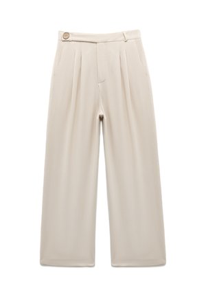 Beige breddebenede bukser med frontfolder, knaplukning og sidelommer. Fremstillet af blødt, glat stof med en skræddersyet silhuet.