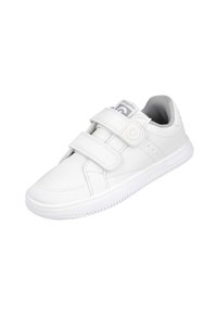 Zapatillas deportivas blancas de material sintético, con dos correas de velcro, punta redondeada, cuello acolchado y suela de goma texturizada.