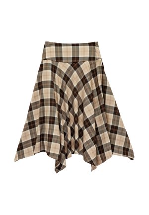 Beige, bruine en grijze geruite A-lijn rok met een asymmetrische zoom en een brede tailleband.