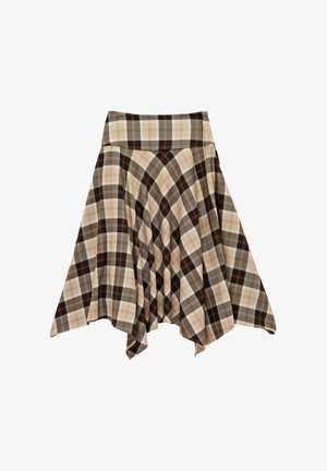 Beige, bruine en grijze geruite A-lijn rok met een asymmetrische zoom en een brede tailleband.