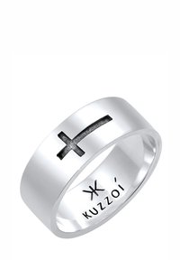 Hõberõngas, millel on must risti tikand, sile bänd, läikiv viimistlus ja siseservale graveeritud kaubamärk.