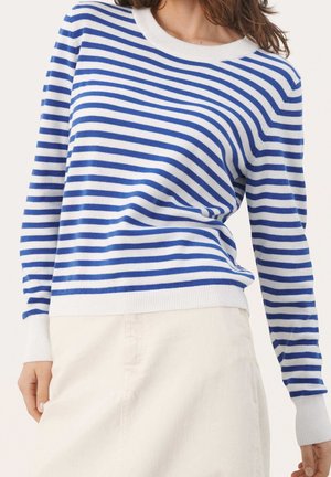 Pull rayé bleu et blanc avec un col rond, des poignets et un ourlet côtelés, fabriqué en tissu doux, présentant des rayures horizontales de largeur variable.