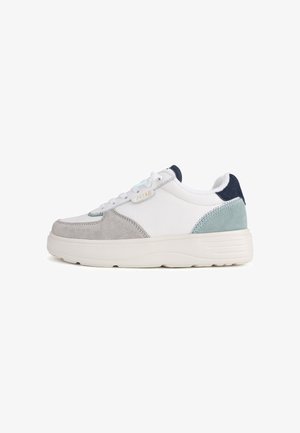 Sneakers with a white and gray suede upper, textured accents, light blue details, a thick white sole, and narrow laces.