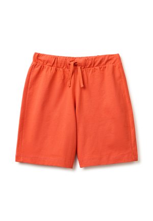 Orangene Freizeithose mit elastischem Bund und vorderem Kordelzug, aus weichem Stoff gefertigt.