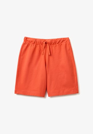 Pomarańczowe, casualowe krótkie spodenki z elastycznym pasem i przednim sznurkiem, wykonane z miękkiej tkaniny.