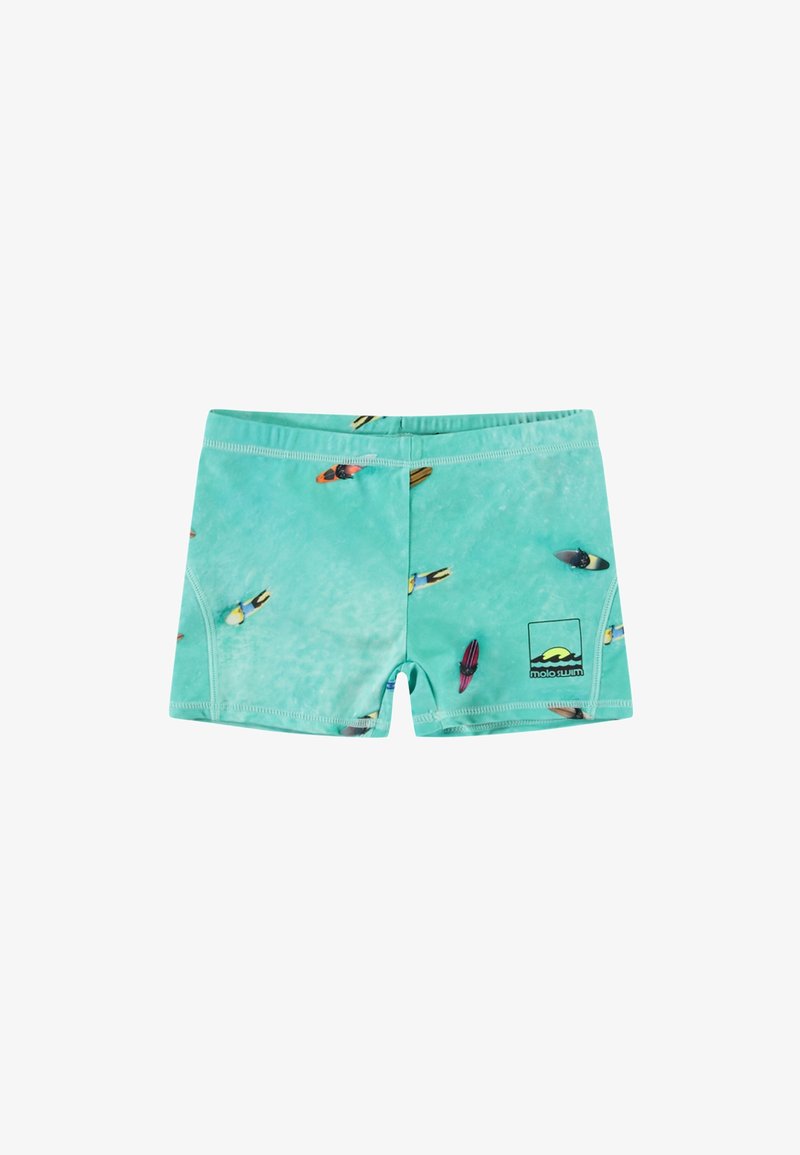 Turkosa badshorts med ett surfbrädestryck i olika färger, med resårmidja och en logotyp på vänster sida.