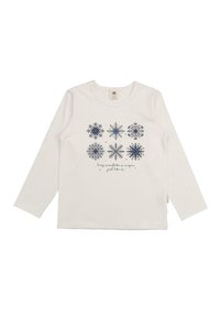 Weißes Langarm-T-Shirt mit blauen Schneeflocken-Designs und dem Text "Jede Schneeflocke ist einzigartig, genau wie wir." Aus weichem Baumwollmaterial.