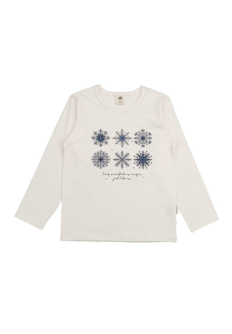 Weißes Langarm-T-Shirt mit blauen Schneeflocken-Designs und dem Text "Jede Schneeflocke ist einzigartig, genau wie wir." Aus weichem Baumwollmaterial.