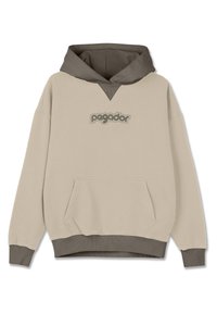 Μπεζ φούτερ με σκούρο καφέ κουκούλα και ραμμένα μανίκια, διαθέτοντας μπροστινή τσέπη καγκουρό και εμφανές λογότυπο σε γκρι χρώμα.