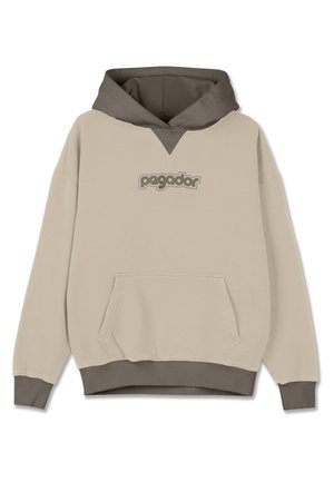 Μπεζ φούτερ με σκούρο καφέ κουκούλα και ραμμένα μανίκια, διαθέτοντας μπροστινή τσέπη καγκουρό και εμφανές λογότυπο σε γκρι χρώμα.