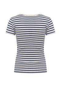 T-shirt à manches courtes rayé avec des bandes horizontales bleu marine et crème, en coton doux, forme ajustée, col rond et texture côtelée.