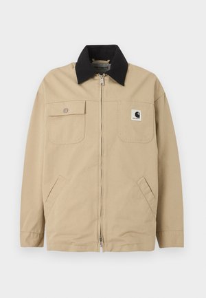 Bež jakna z zadrgo, črnim ovratnikom, levo prsno našitno žepko, desno prsno preklopno žepko z gumbom in stranskimi žepi.