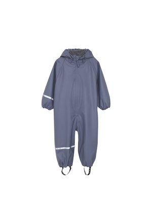 Blauer wasserdichter Kinderregenanzug mit Kapuze, elastischen Bündchen, reflektierenden Streifen an Ärmel und Bein sowie Fußriemen für sicheren Sitz.