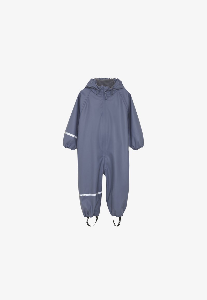 Combinaison de pluie imperméable bleue pour enfants avec capuche, poignets élastiques, bandes réfléchissantes sur la manche et la jambe, et sangles aux pieds pour un ajustement sécurisé.