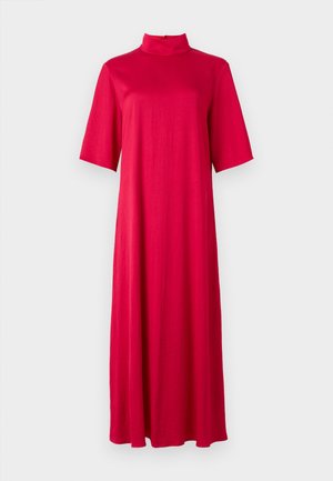 Rdeča obleka do kolen z visokim ovratnikom in kratkimi rokavi. Narejena iz gladkega, lahkega blaga z ohlapnim, tokom silhueto.