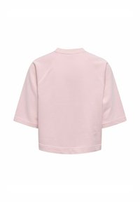 Lys pink, kortærmet sweatshirt med ribbet rund hals og raglanseams, vist fra ryggen på en hvid baggrund.