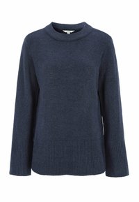 Marineblauer Strickpullover mit Rundhalsausschnitt und langen Ärmeln. Mit gerippten Bündchen und Saum, aus weichem, strukturiertem Stoff gefertigt.